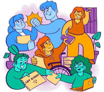 Ilustración de cinco personas diversas colaborando, sonriendo y trabajando con documentos, libros y un ordenador portátil: una en silla de ruedas y otra con una carpeta con la etiqueta "Ley 8/2021"  La escena positiva destaca el voluntariado de la red de entidades de Liber 