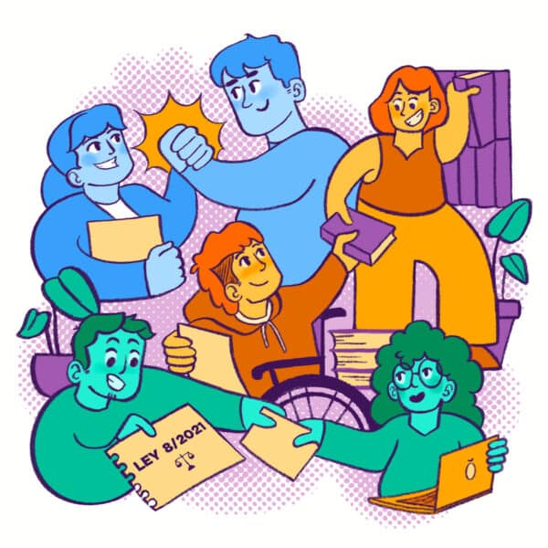 Ilustración de cinco personas diversas colaborando, sonriendo y trabajando con documentos, libros y un ordenador portátil: una en silla de ruedas y otra con una carpeta con la etiqueta "Ley 8/2021". La escena positiva destaca el voluntariado de la red de entidades de Liber. Ilustración de cinco personas diversas colaborando, sonriendo y trabajando con documentos, libros y un ordenador portátil: una en silla de ruedas y otra con una carpeta con la etiqueta "Ley 8/2021" La escena positiva destaca el voluntariado de la red de entidades de Liber