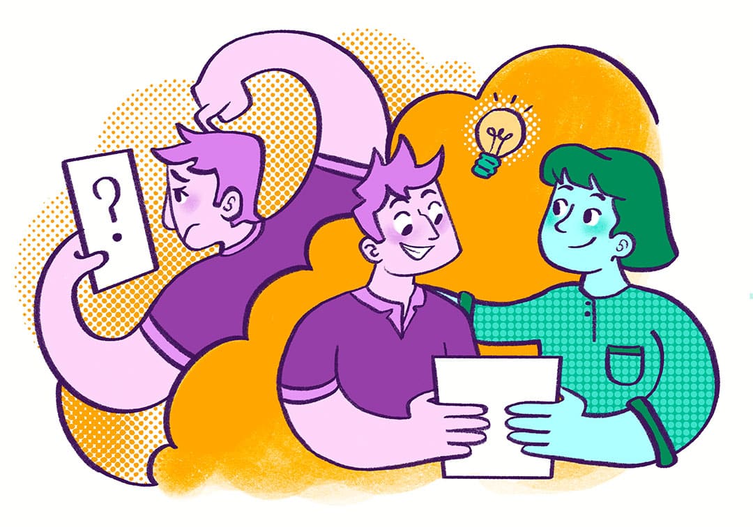 Tres personas ilustradas: una parece confusa sosteniendo un papel con un signo de interrogación, mientras que otras dos -parte del voluntariado de la red de entidades de Liber- sonríen y miran documentos juntas, con una bombilla incandescente y formas naranjas de fondo. Tres personas ilustradas: una parece confusa sosteniendo un papel con un signo de interrogación, mientras que otras dos parte del voluntariado de la red de entidades de Liber sonríen y miran documentos juntas, con una bombilla incandescente y formas naranjas de fondo