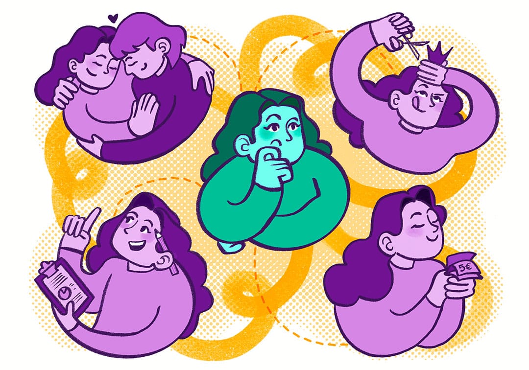Cinco personas de dibujos animados con el pelo morado muestran distintas emociones: amor, ansiedad, confianza con una corona, tomando medicinas y leyendo un libro. La figura central en verde parece preocupada, simbolizando el apoyo del Voluntariado de la red de entidades de Liber. Cinco personas de dibujos animados con el pelo morado muestran distintas emociones: amor, ansiedad, confianza con una corona, tomando medicinas y leyendo un libro La figura central en verde parece preocupada, simbolizando el apoyo del Voluntariado de la red de entidades de Liber