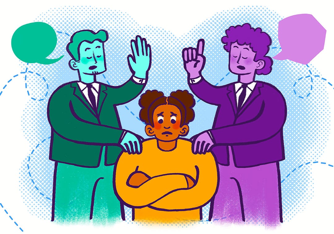 Una ilustración de una persona preocupada con los brazos cruzados se sitúa entre dos personas trajeadas, que hablan y gesticulan animadamente, cada una con burbujas de diálogo, lo que representa una situación encontrada en el voluntariado de la red de entidades de Liber. Una ilustración de una persona preocupada con los brazos cruzados se sitúa entre dos personas trajeadas, que hablan y gesticulan animadamente, cada una con burbujas de diálogo, lo que representa una situación encontrada en el voluntariado de la red de entidades de Liber