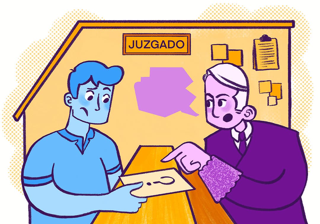 Ilustración de un juez con toga morada señalando un documento sostenido por una persona con camisa azul en una sala de tribunal con el letrero "JUZGADO", que representa una interacción relacionada con el Voluntariado de la red de entidades de Liber. Ilustración de un juez con toga morada señalando un documento sostenido por una persona con camisa azul en una sala de tribunal con el letrero "JUZGADO", que representa una interacción relacionada con el Voluntariado de la red de entidades de Liber