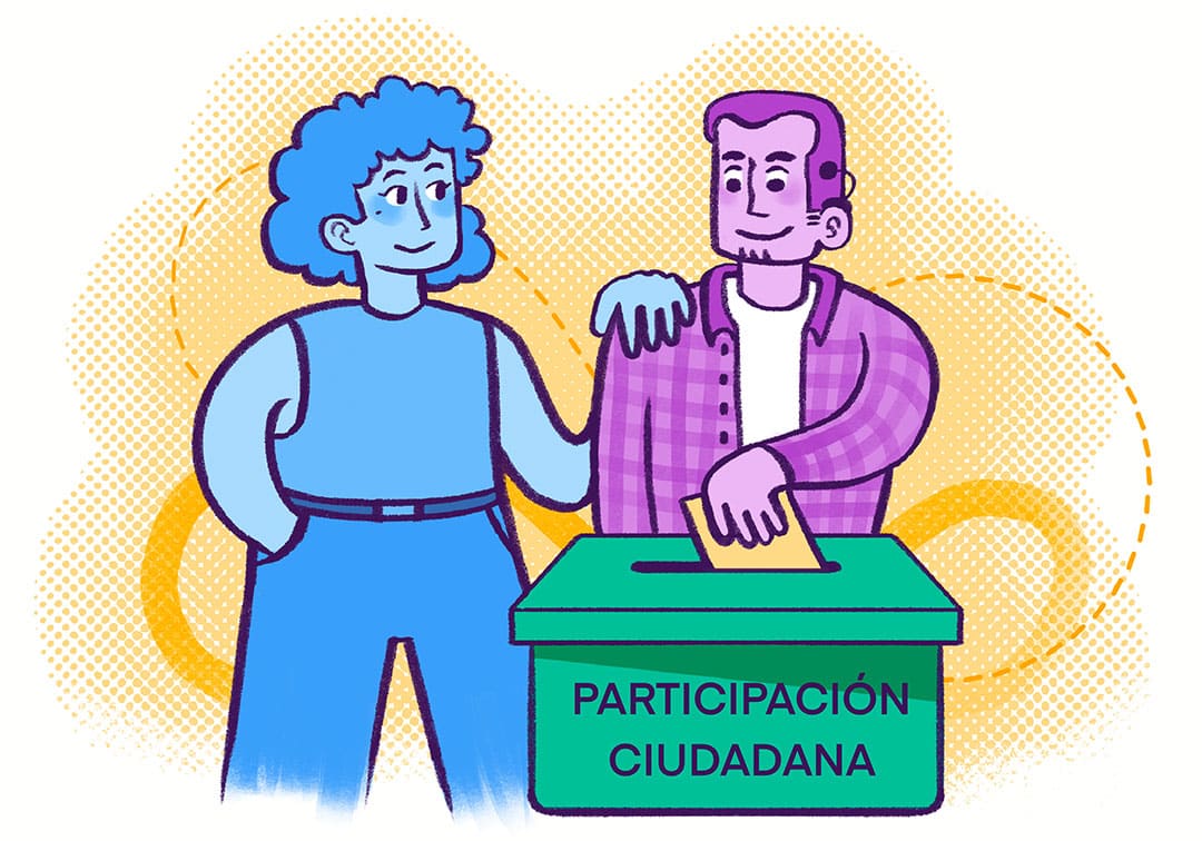 Dos personas junto a una urna verde con la etiqueta "PARTICIPACIÓN CIUDADANA". Un miembro del voluntariado de la red de entidades de Liber sonríe y ofrece ánimos mientras el otro deposita un papel en la urna. Dos personas junto a una urna verde con la etiqueta "PARTICIPACIÓN CIUDADANA" Un miembro del voluntariado de la red de entidades de Liber sonríe y ofrece ánimos mientras el otro deposita un papel en la urna