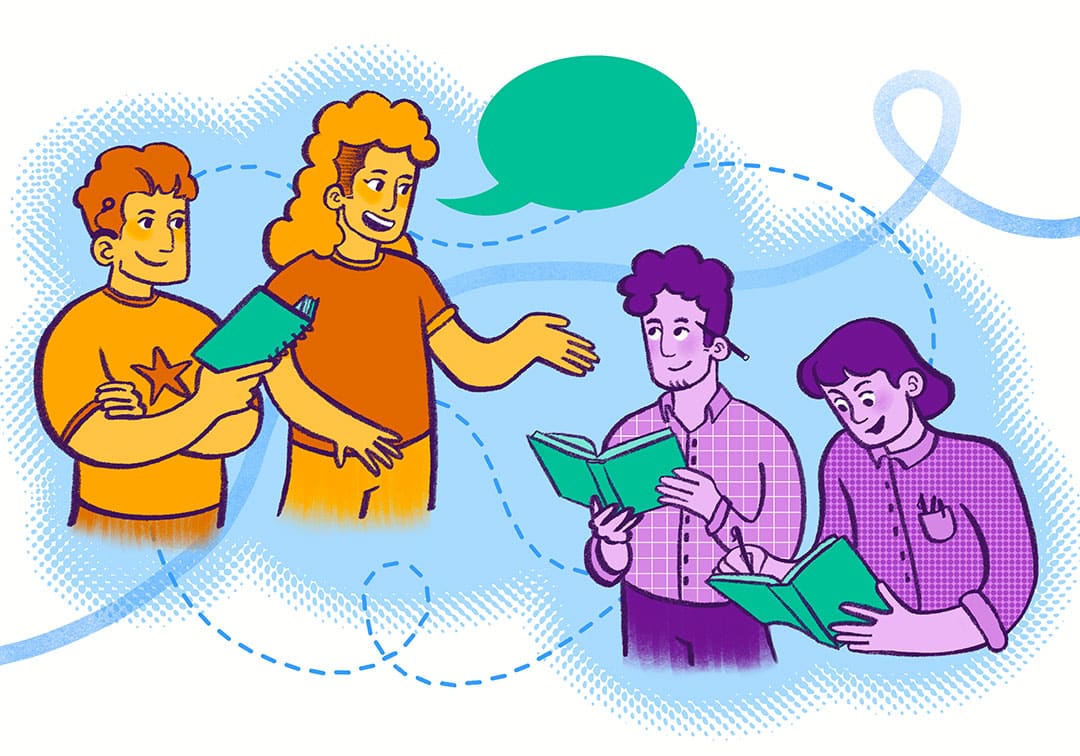 Ilustración de cuatro personas: dos a la izquierda hablando y dos a la derecha leyendo libros. Una burbuja de diálogo verde está encima de la pareja que habla, mientras que una línea azul arremolinada los conecta, simbolizando el voluntariado de la red de entidades de Liber. Ilustración de cuatro personas: dos a la izquierda hablando y dos a la derecha leyendo libros Una burbuja de diálogo verde está encima de la pareja que habla, mientras que una línea azul arremolinada los conecta, simbolizando el voluntariado de la red de entidades de Liber
